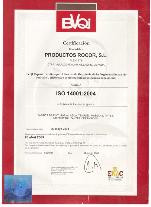 quality certificate Pinturas Rocor